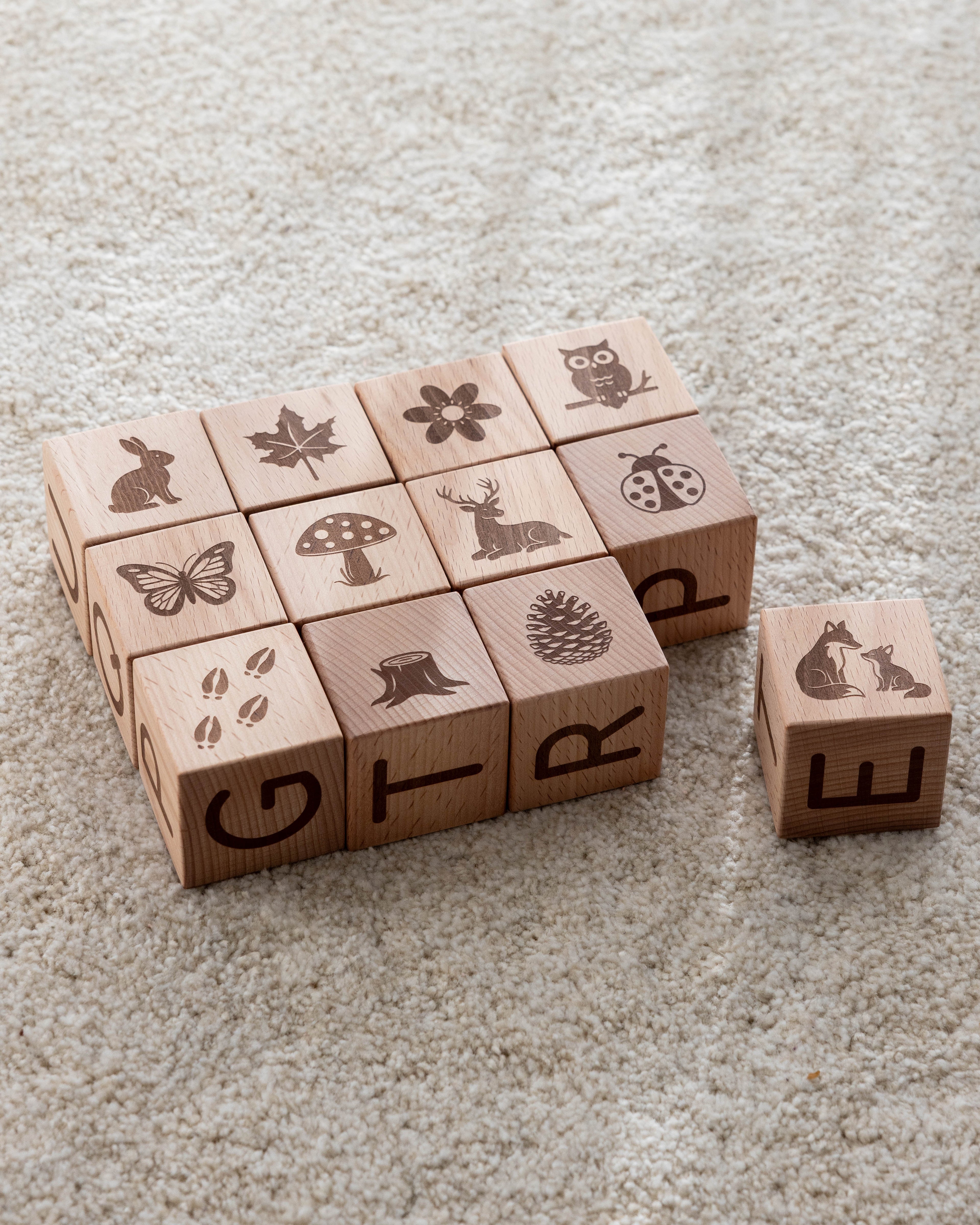 ABC klossar i trä med naturtema med symboler